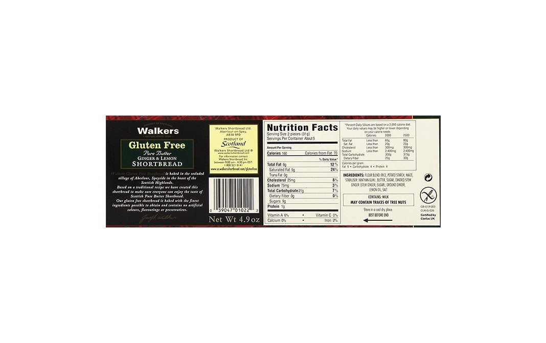 Walker's Gluten Free Pure Butter Ginger &Lemon Shortbread   Box  140 grams